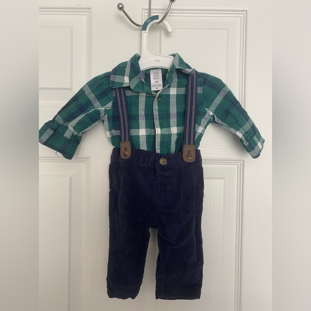 Collared plaid shirt with suspendered corduroy pants